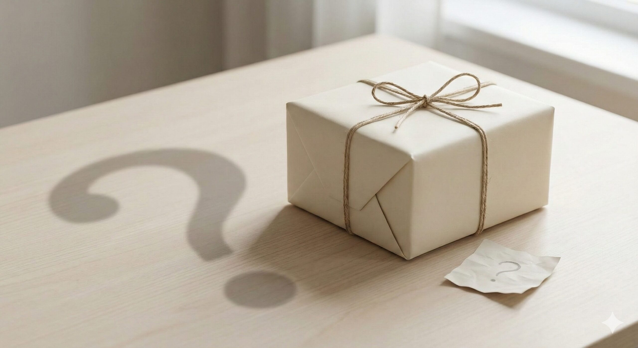 테이블 위에 놓인 선물 상자와 물음표 그림자, 실패하는 선물 선택에 대한 고민과 망설임