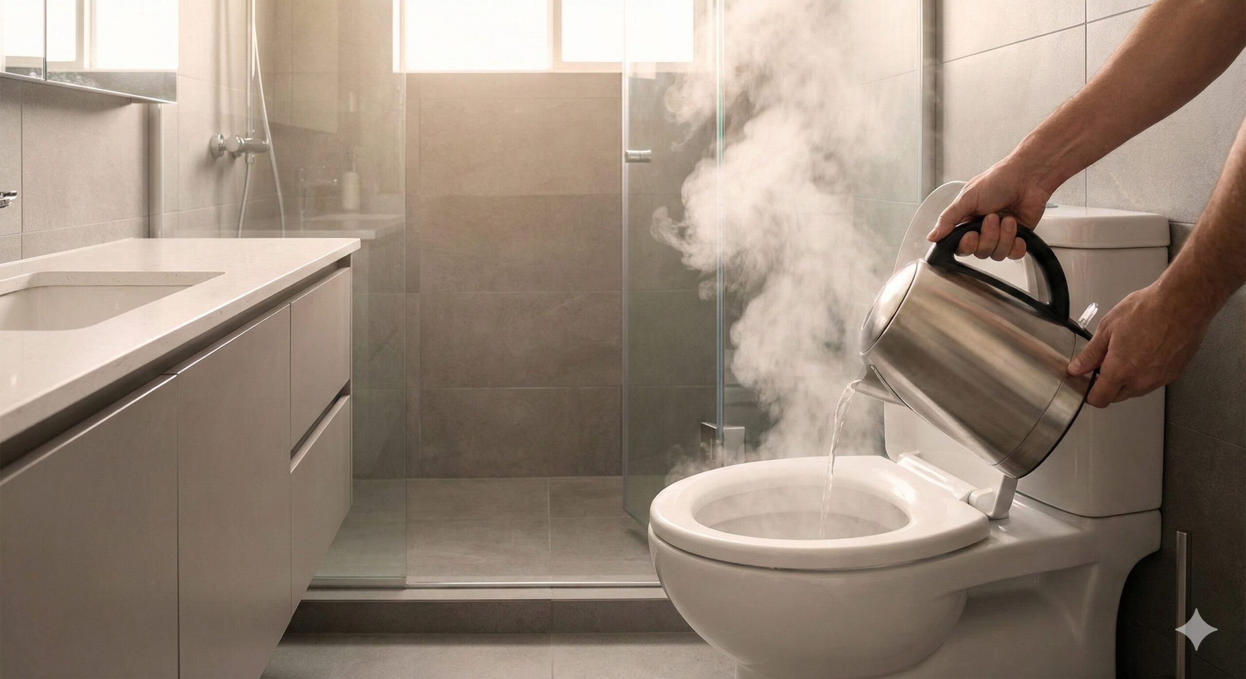 막힌 변기를 뚫기 위해 주전자로 뜨거운 물을 붓는 모습