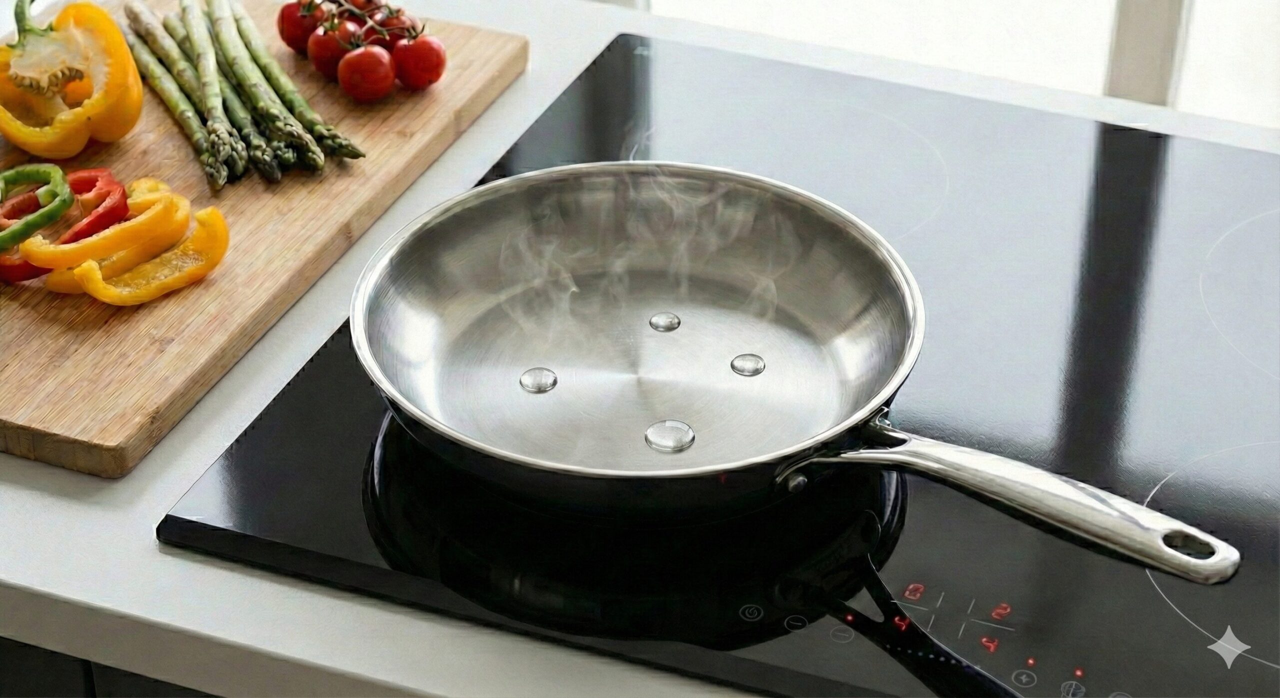 달궈진 스텐 팬 위에서 물방울이 구슬처럼 굴러가는 머큐리 이펙트 현상