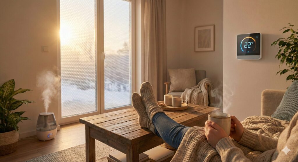 겨울철 따뜻한 거실과 보일러 온도 조절기