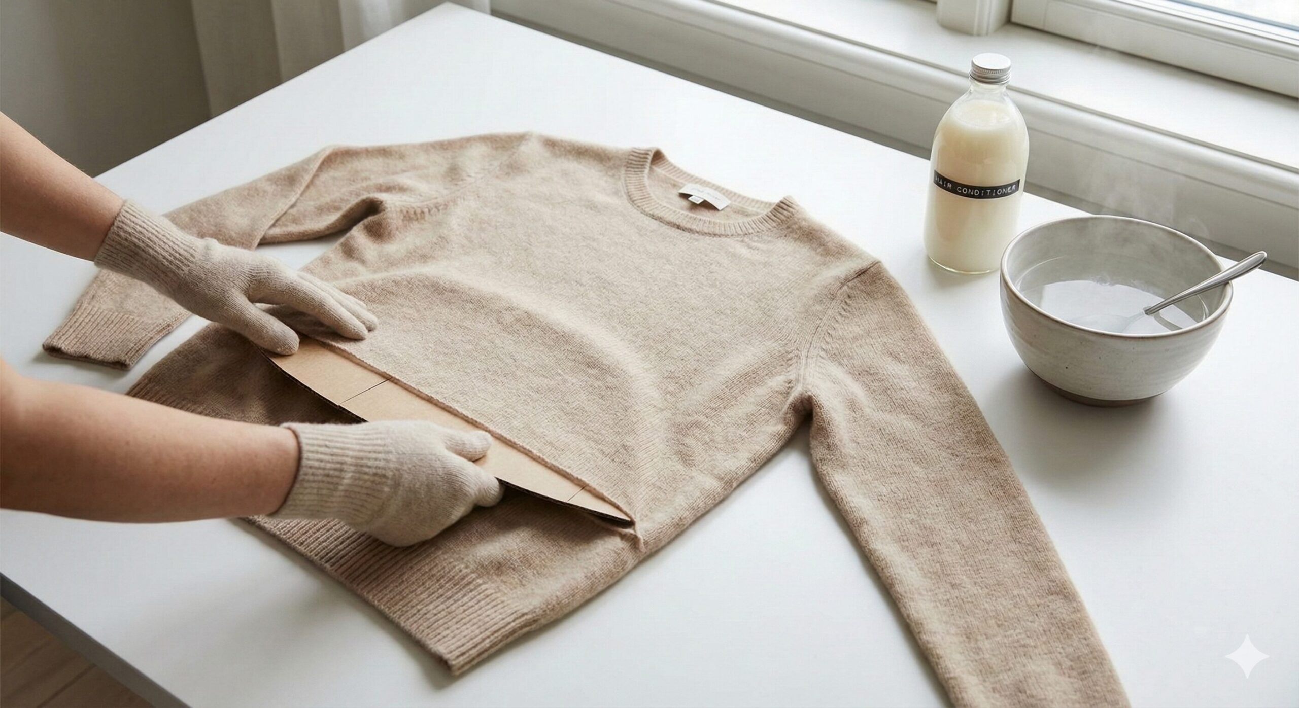 린스 물에 담긴 니트, 골판지 형틀을 옷 안에 넣는 모습, 스팀 다리미로 니트 관리하는 장면.