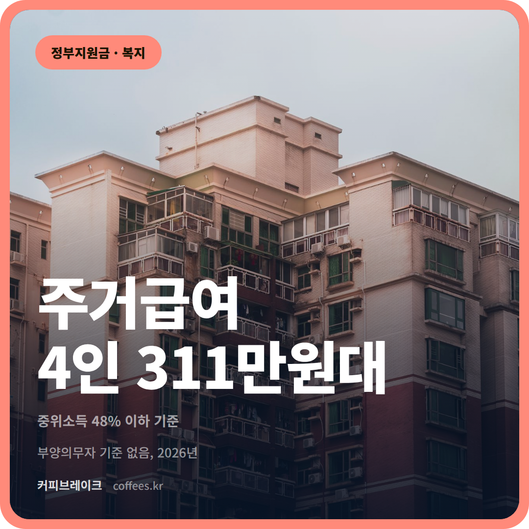 주거급여 신청자격과 지급액, 2026년 4인가구 기준 311만원대 대표이미지